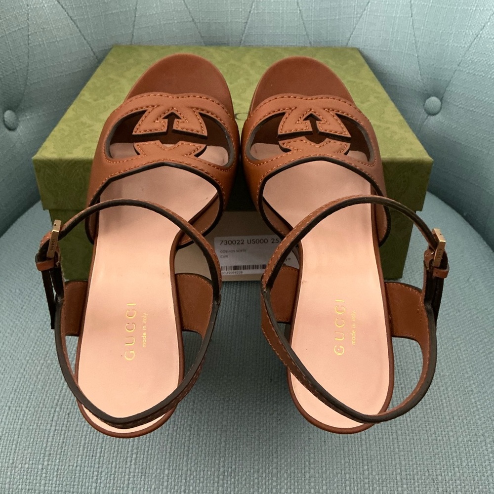 GUCCI Women 36.5 Interlocking GG Cutout Brown Platform Sandals 💯 Authentic - Picture 8 of 14